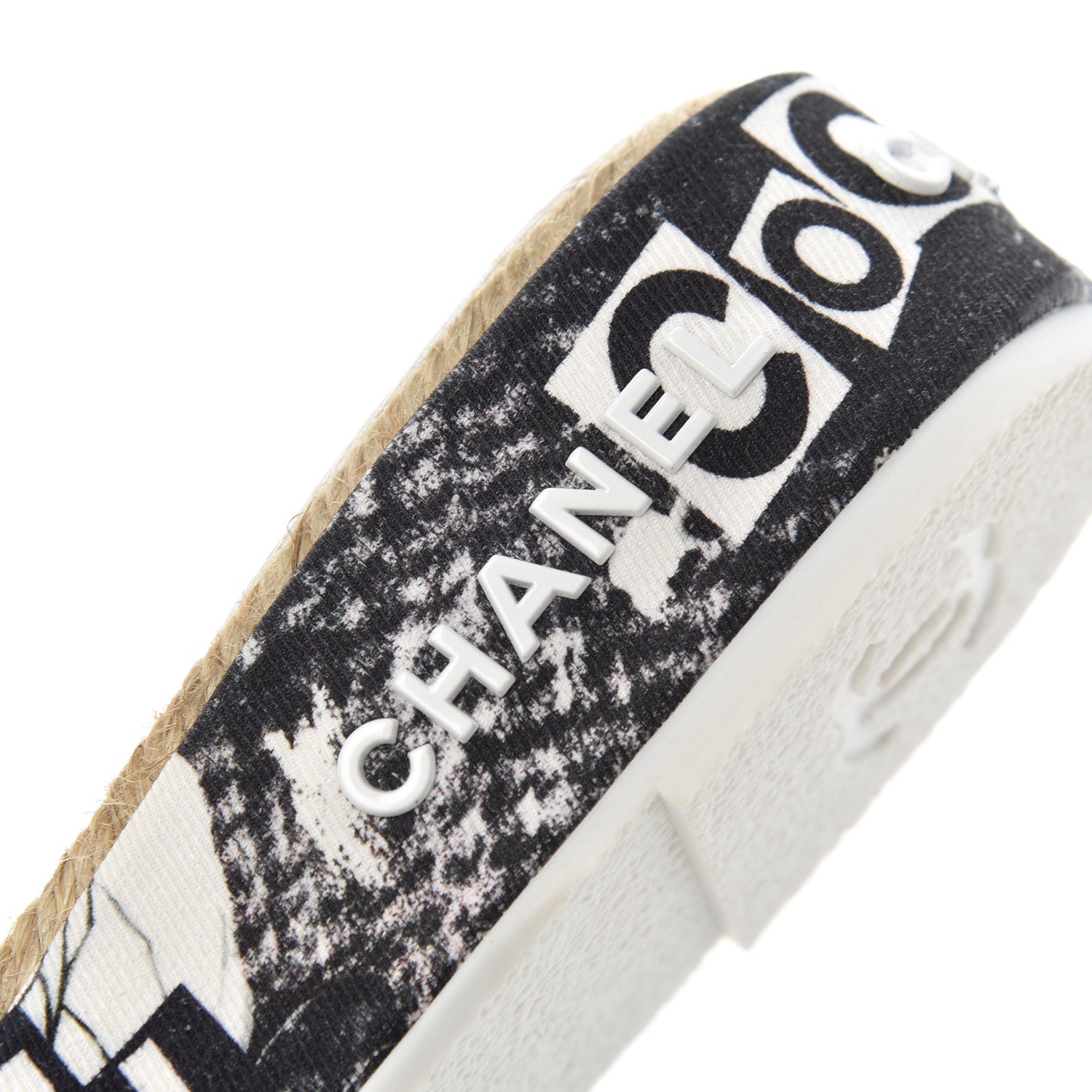 Chanel Fabric Grosgrain Printed CC Espadrille Slip On Sandals 36 White Black 10 of 14