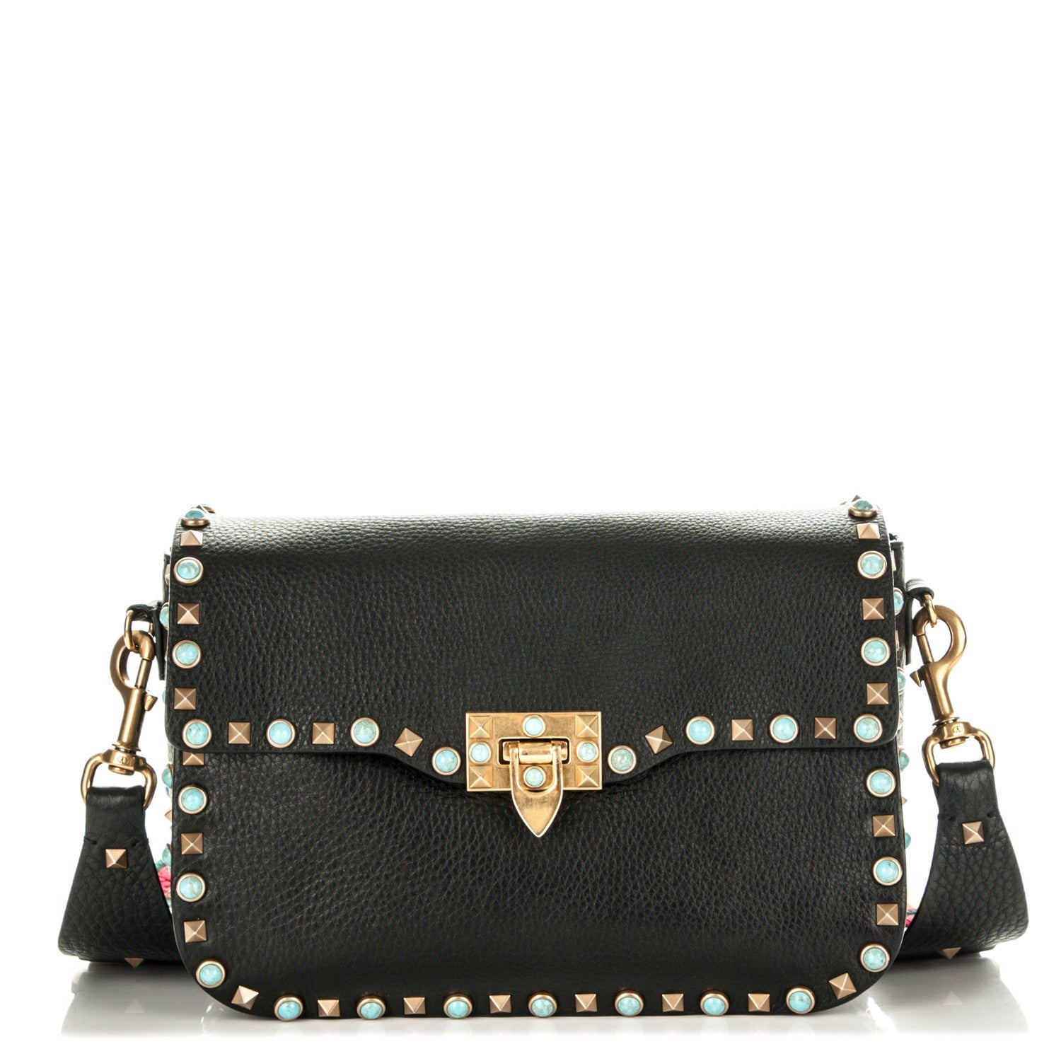 Valentino Garavani Pebbled Calfskin Turquoise Medium Guitar Strap Rockstud Rolling Flap Saddle Bag Black 1 of 7