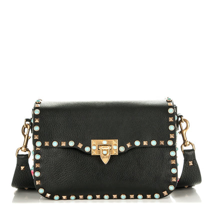 Valentino Garavani Pebbled Calfskin Turquoise Medium Guitar Strap Rockstud Rolling Flap Saddle Bag Black 1 of 7