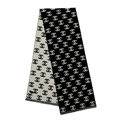 Chanel Wool Cashmere CC Scarf Black White 2 of 4