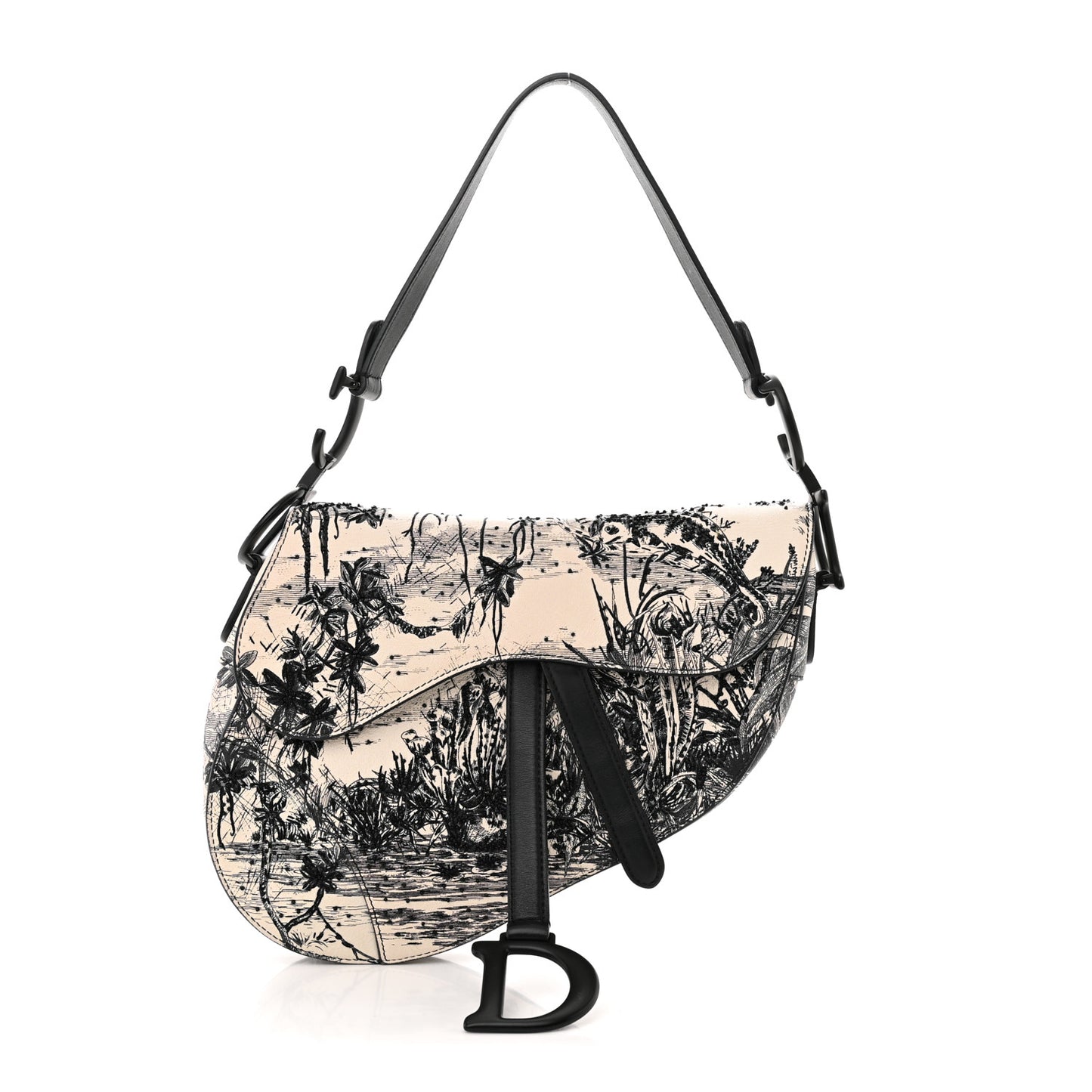 Calfskin Embroidered Palm Tree Toile De Jouy Saddle Bag White Black