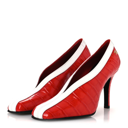 Chanel Crocodile Embossed Patent Calfskin Pumps 36.5 Coral White 4 of 11