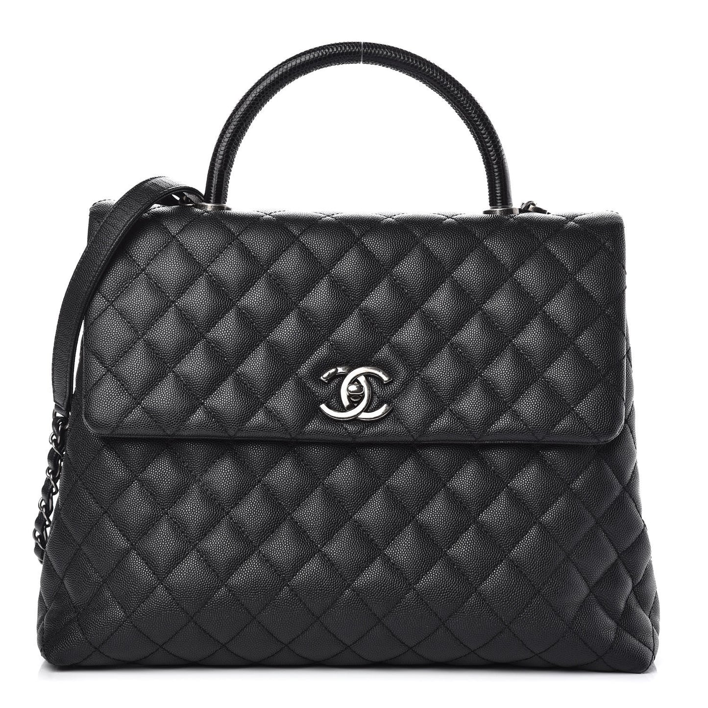 Caviar Lizard Quilted Large Coco Handle Flap Black