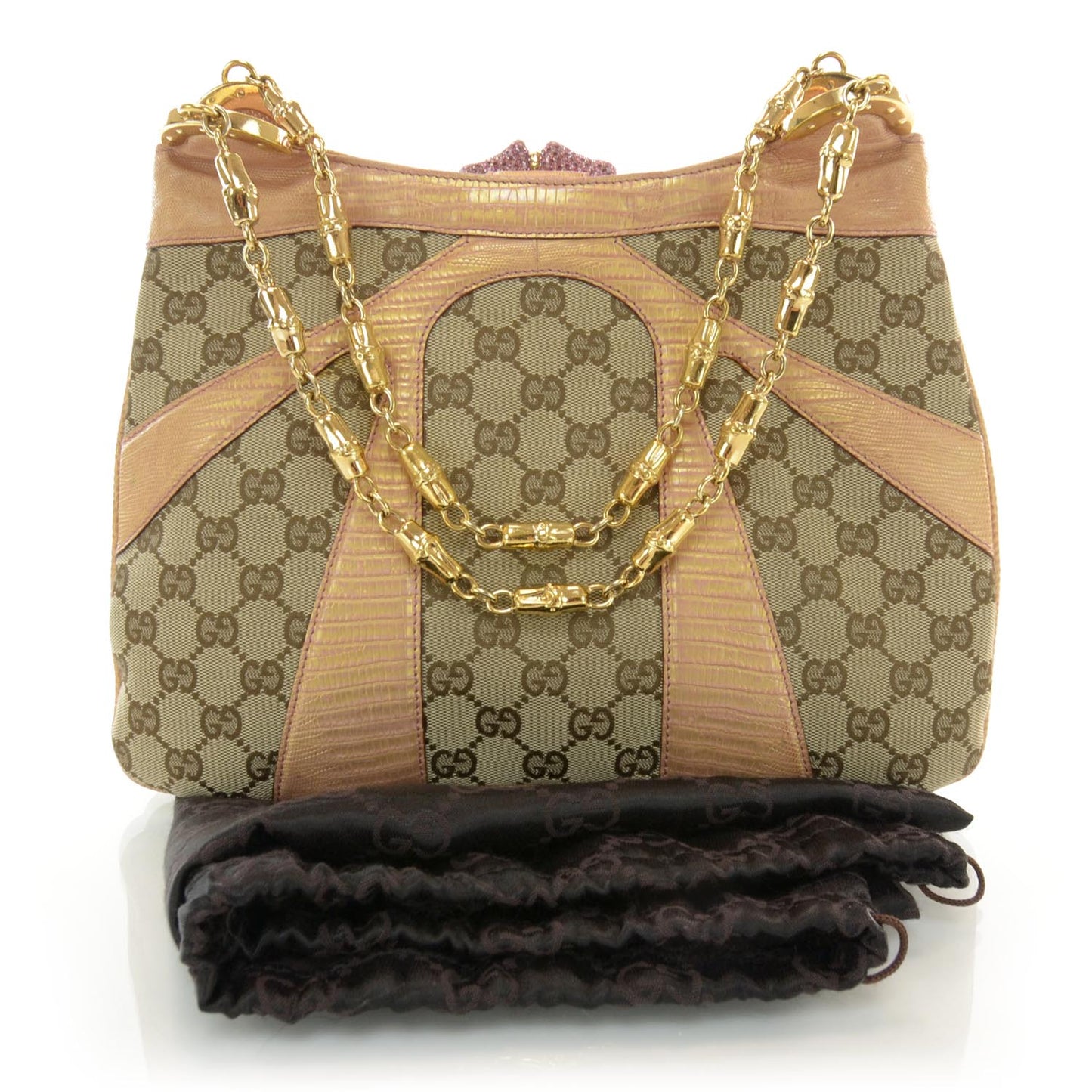 Monogram Calfskin Lizard Embossed Bamboo Chain Shoulder Bag