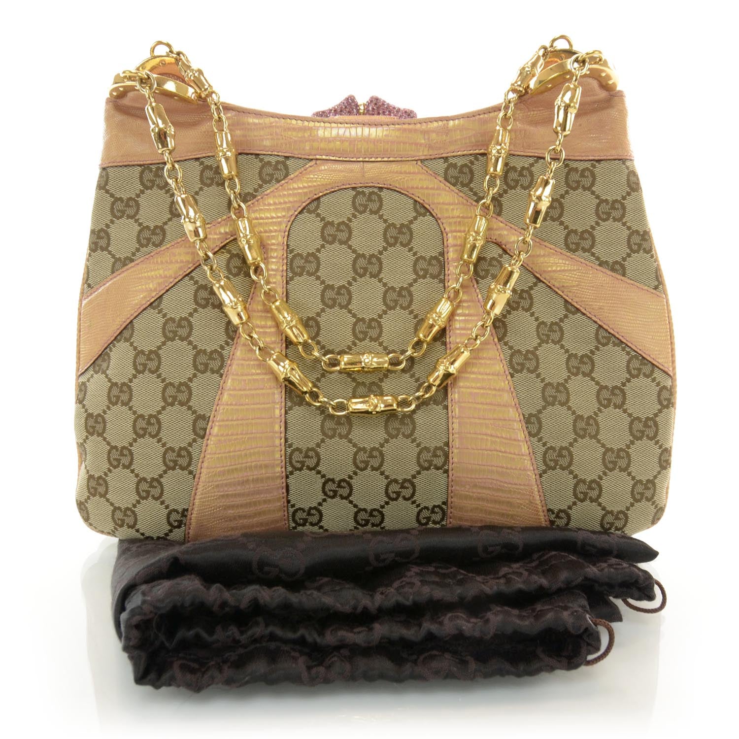 Gucci Monogram Calfskin Lizard Embossed Bamboo Chain Shoulder Bag 3 of 9