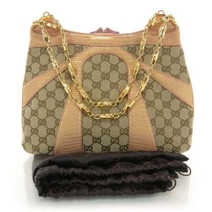 Gucci Monogram Calfskin Lizard Embossed Bamboo Chain Shoulder Bag 3 of 9