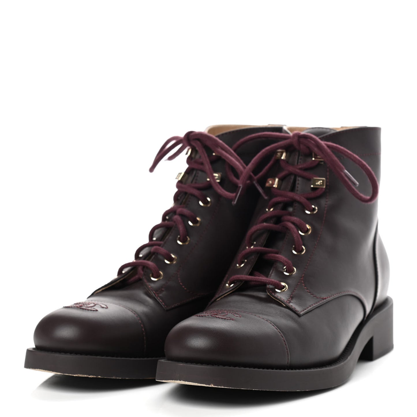 Calfskin Lace Up CC Short Boots 41 Burgundy