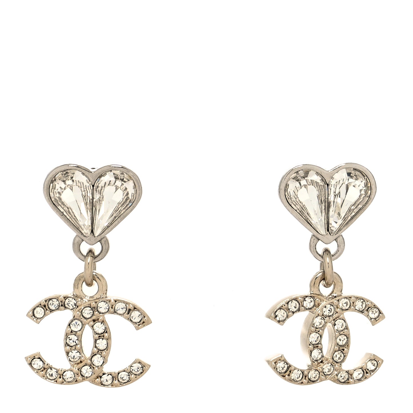 Crystal CC Heart Drop Earrings Gold Silver