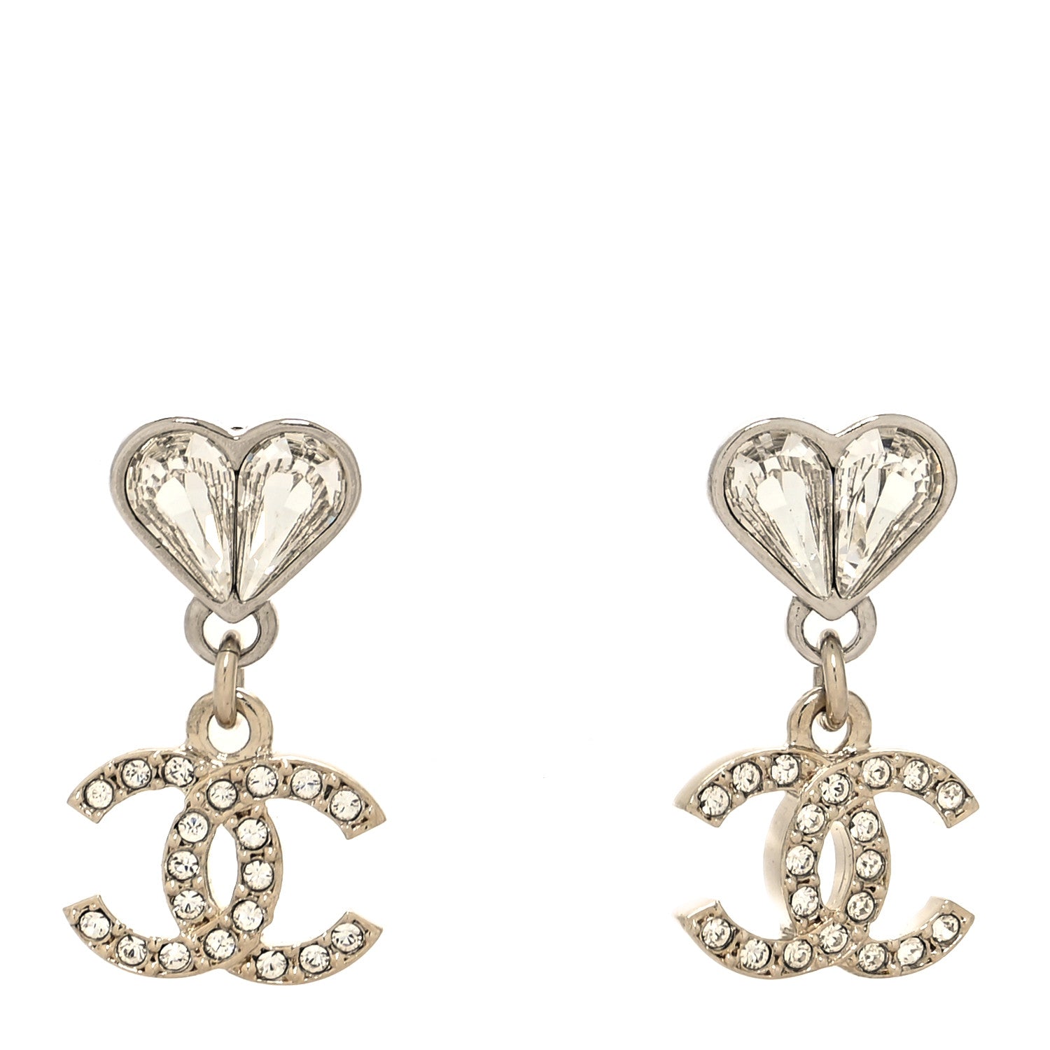 Chanel Crystal CC Heart Drop Earrings Gold Silver 1 of 4