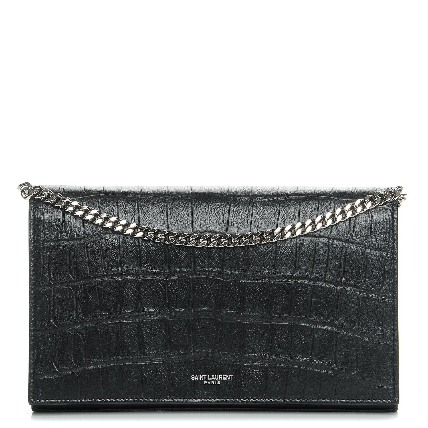 Saint Laurent Lambskin Crocodile Embossed Classic Paris Chain Wallet Black 1 of 7