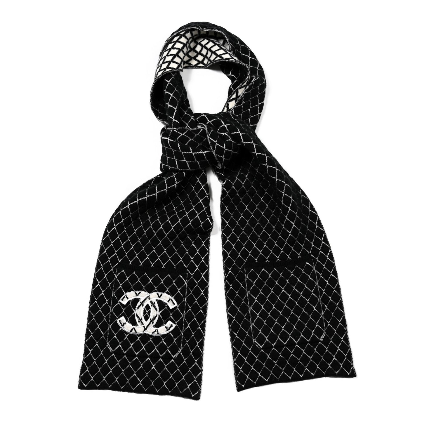 Cashmere Polyester Silk CC Scarf Black White
