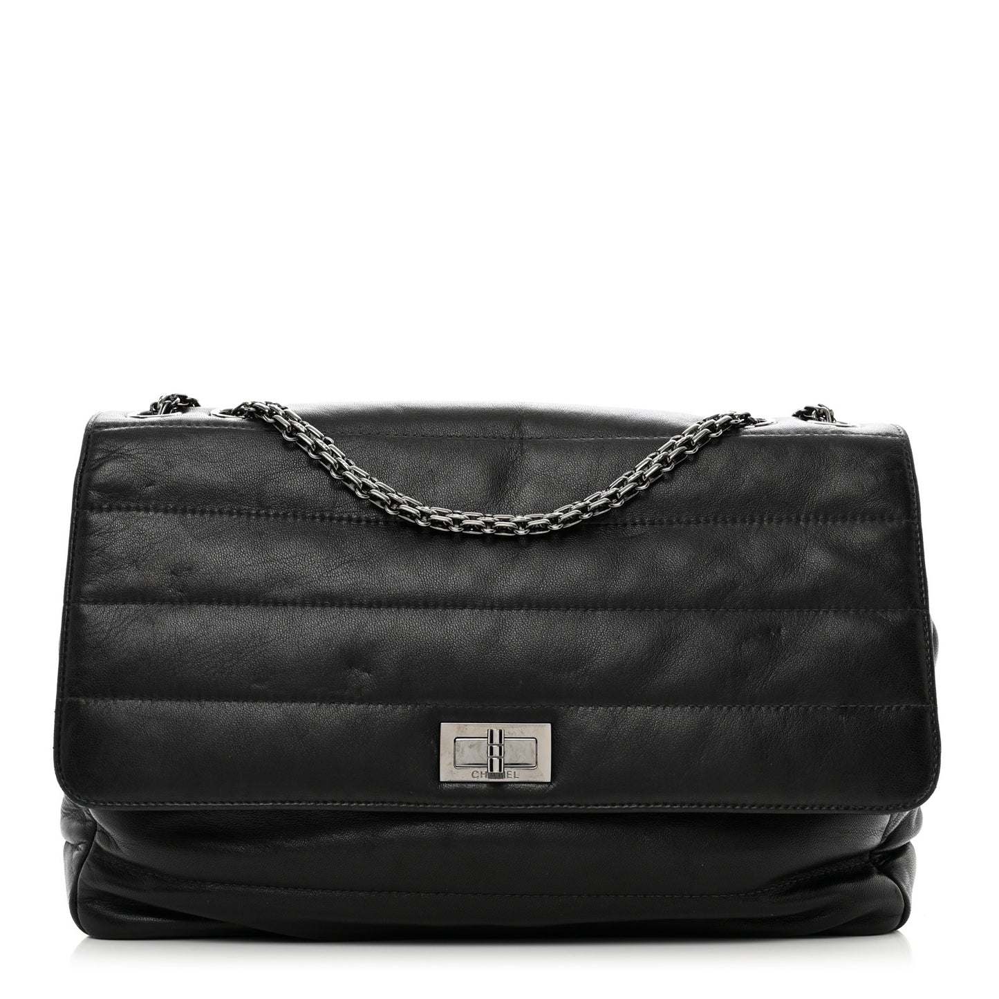 Lambskin Horizontal Quilt Jumbo Mademoiselle Flap Black
