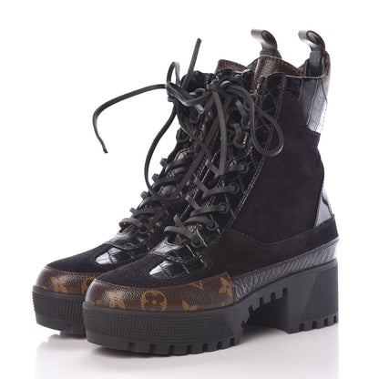 Louis Vuitton Suede Calfskin Monogram Laureate Platform Desert Boots 36 Black 3 of 9