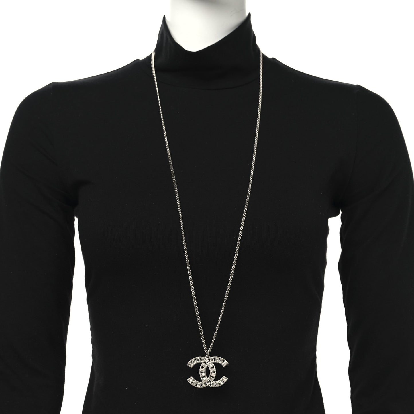 Metal Crystal CC Long Chain Necklace Silver