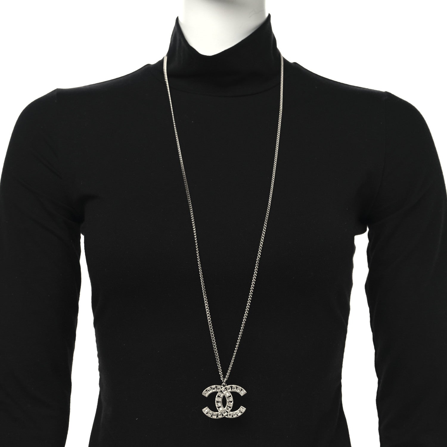 Chanel Metal Crystal CC Long Chain Necklace Silver 2 of 5