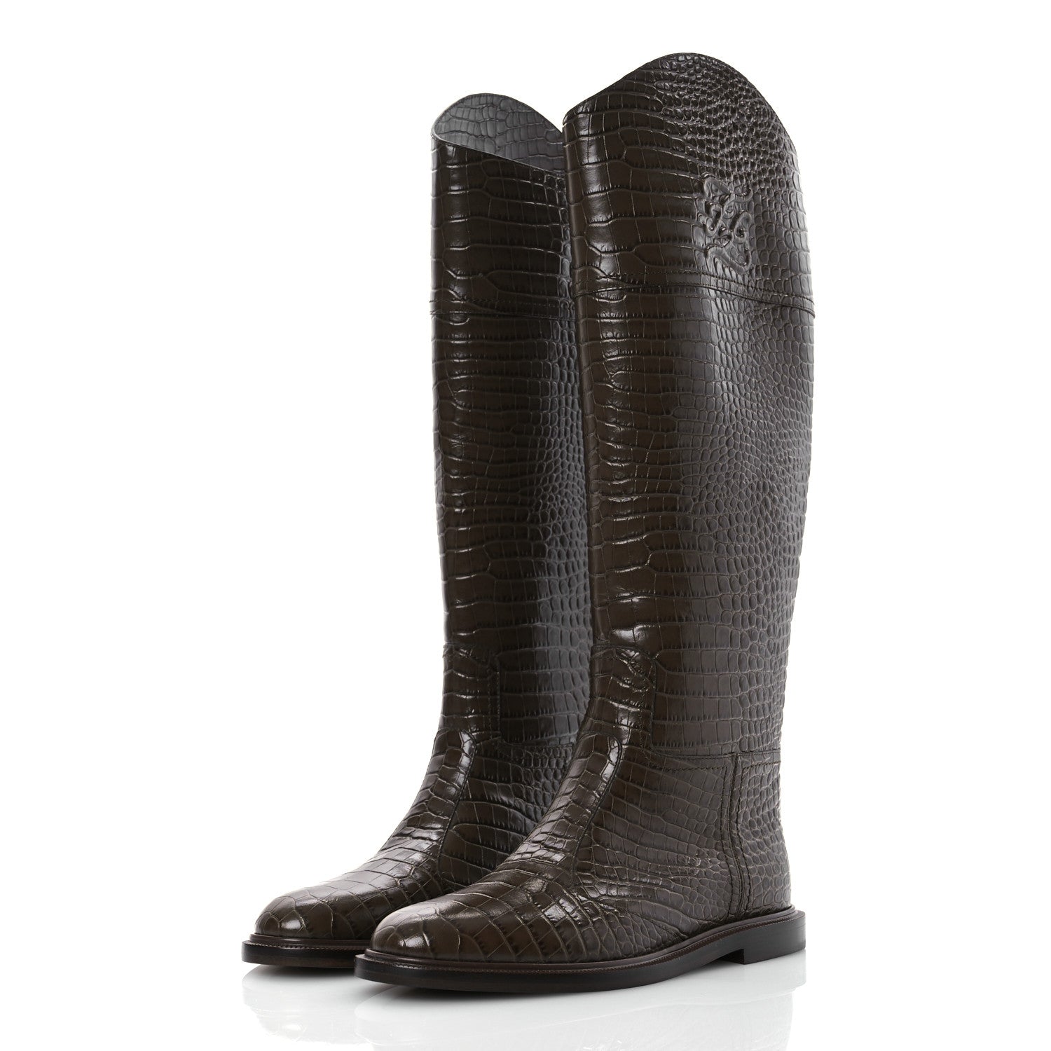 Fendi Calfskin Crocodile Embossed Karligraphy Logo Riding Boots 35.5 Maya 4 of 9