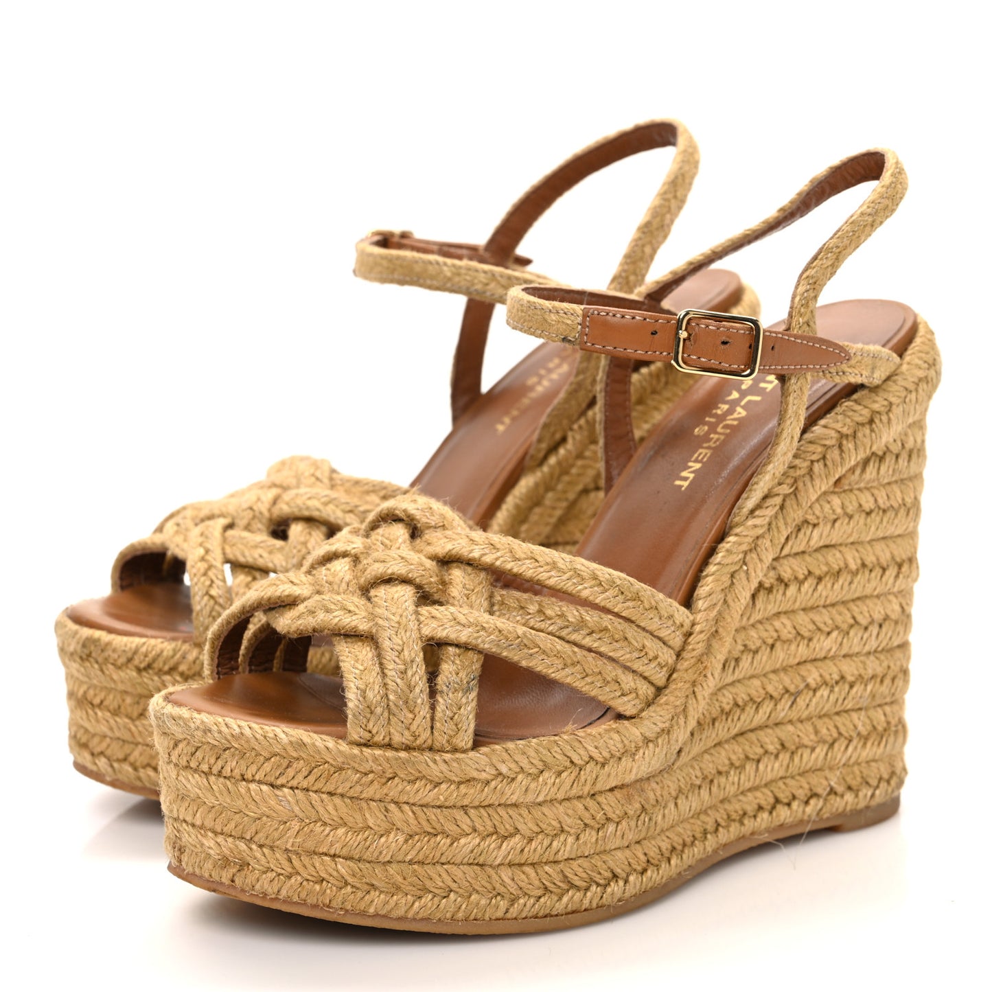 Raffia Calfskin Platform Espadrille Wedge Sandals 35.5 Caramel