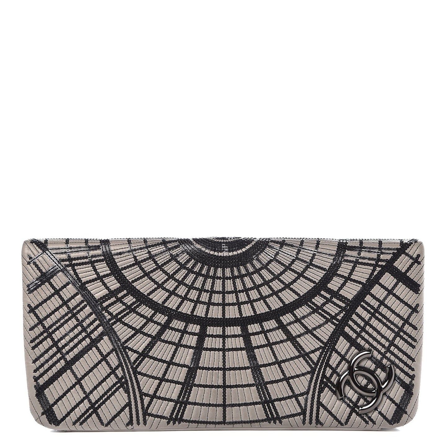 Calfskin Sequin Embellished Clutch Flap Grey Black