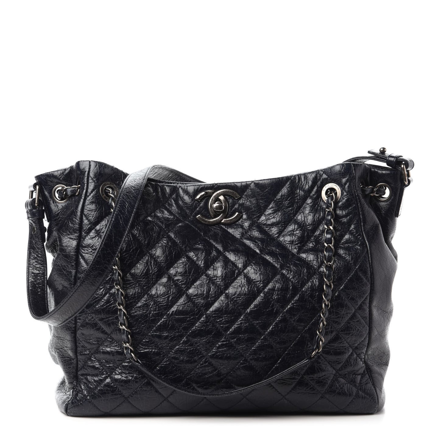 Glazed Calfskin Quilted Large Tote Black