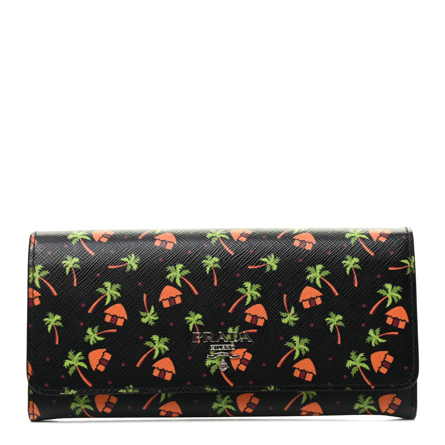 Prada Saffiano Palm Tree Print Continental Flap Wallet Black 1 of 5