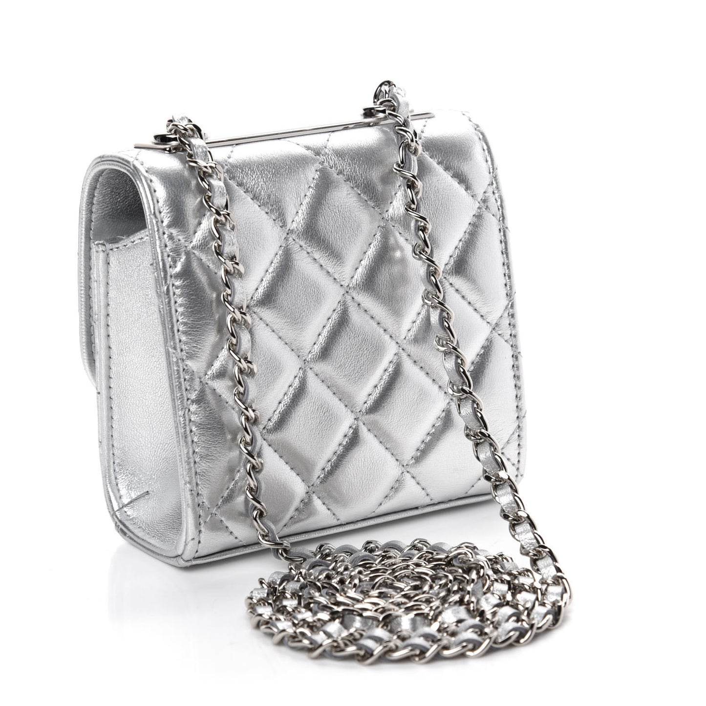 Metallic Lambskin Quilted Mini Trendy CC Clutch With Chain Silver