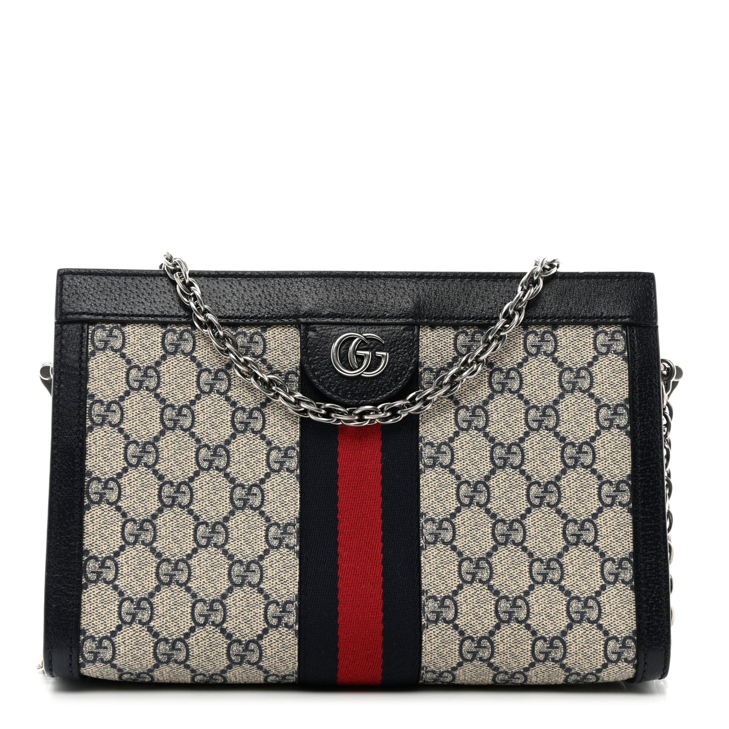 GG Supreme Monogram Textured Dollar Calfskin Web Small Ophidia Chain Shoulder Bag Beige Blue