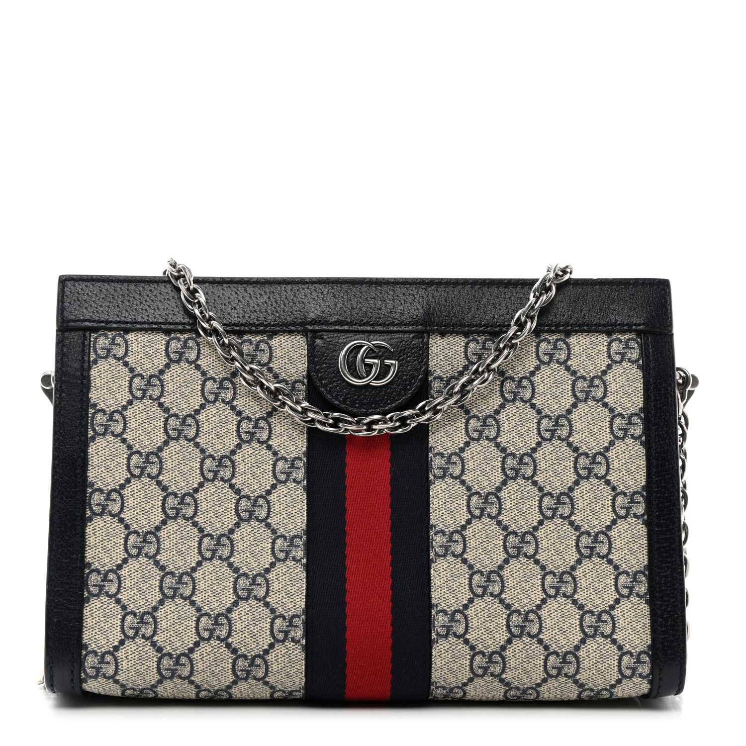 Gucci GG Supreme Monogram Textured Dollar Calfskin Web Small Ophidia Chain Shoulder Bag Beige Blue 1 of 11