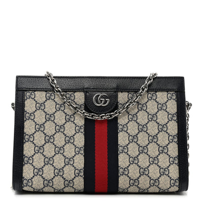 Gucci GG Supreme Monogram Textured Dollar Calfskin Web Small Ophidia Chain Shoulder Bag Beige Blue 1 of 11