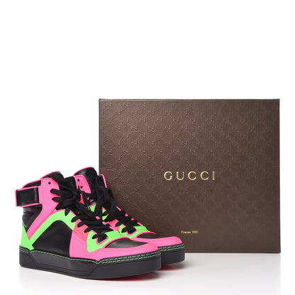 Gucci Calfskin Womens High Top Sneakers 40 Black Neon Green Pink 9 of 9
