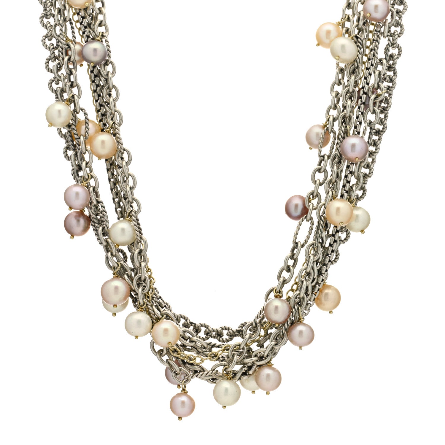 David Yurman Sterling Silver 18K Yellow Gold Pearl 8-8.5mm Multi Strand Chain Necklace 1 of 5