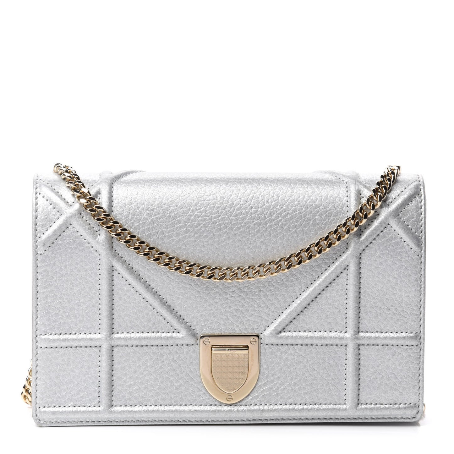 Metallic Grained Calfskin Diorama Wallet on Chain Pouch Silver
