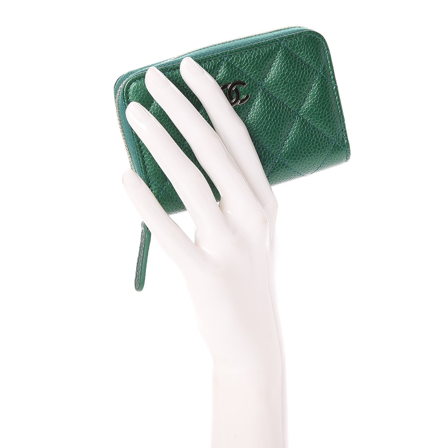 Chanel Metallic Caviar Quilted Zip Coin Purse Green 2 of 8