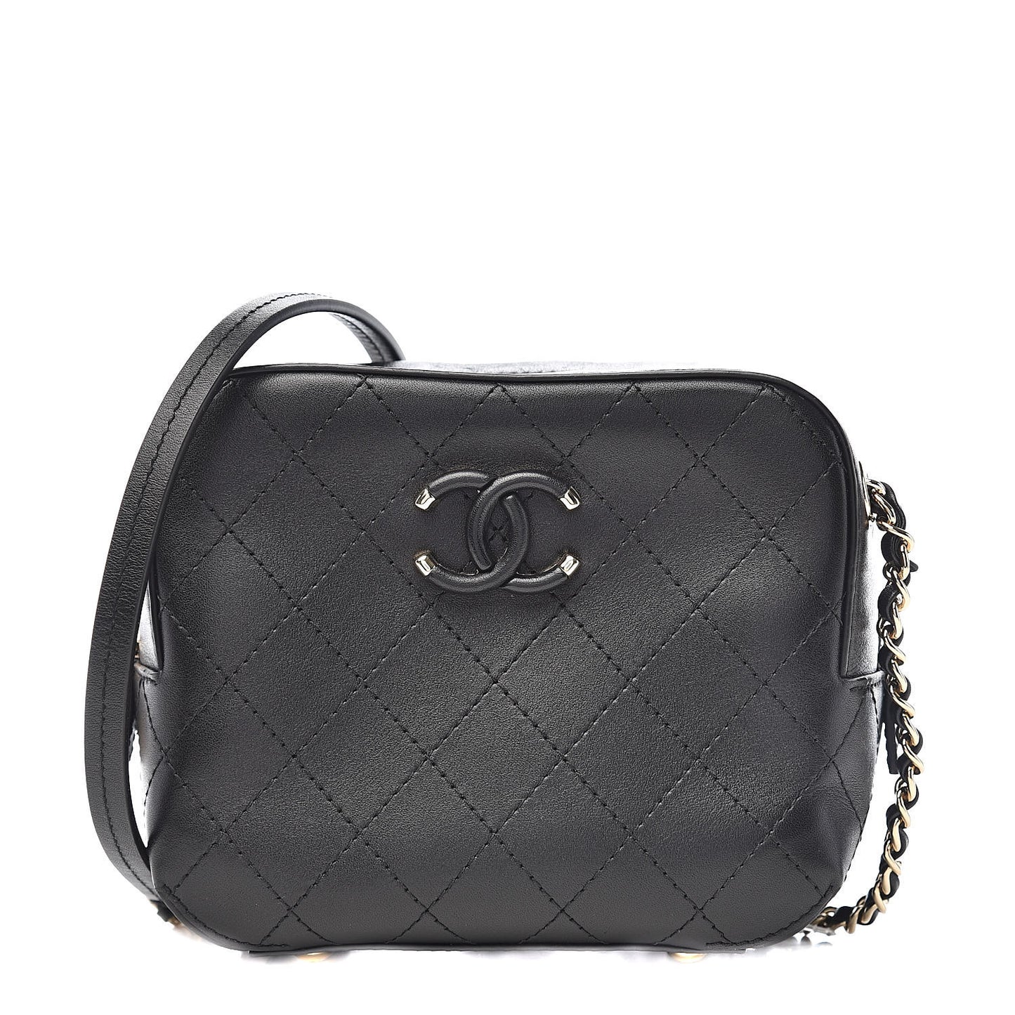 Calfskin Stitched Enamel CC Camera Case Bag Black