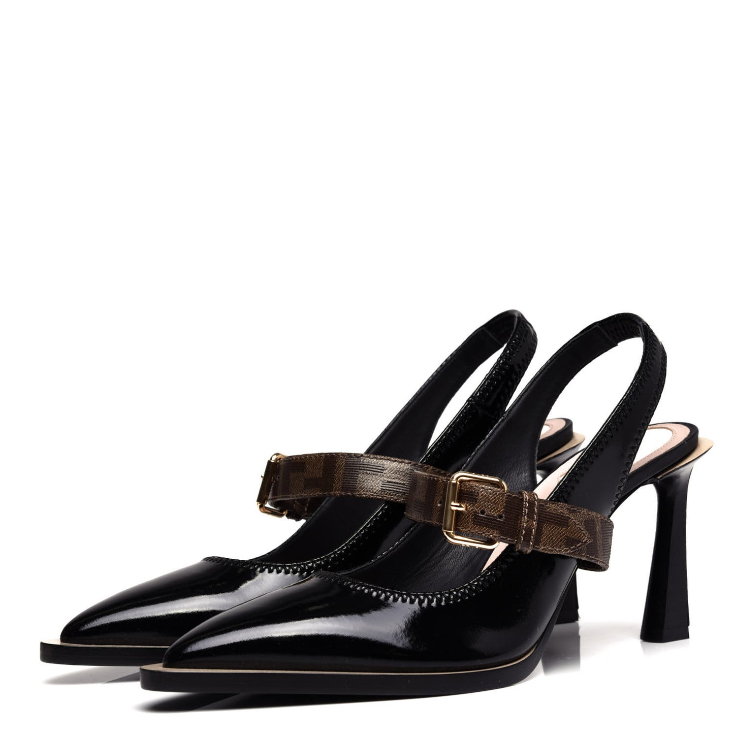 Glossy Neoprene Glazed Fabric FF FFrame Court Mary Jane Slingback Pumps 39 Black Tobacco Moro