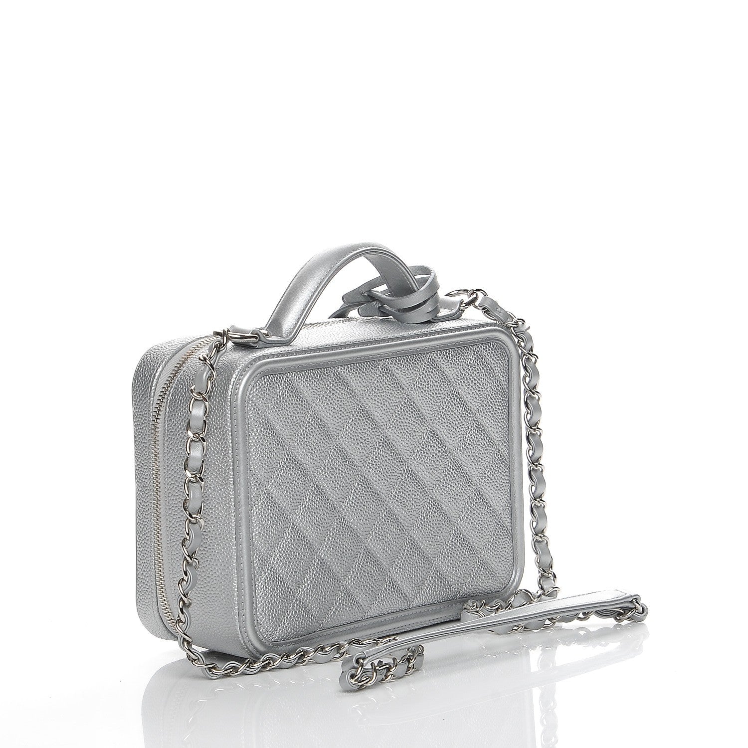 Chanel Metallic Caviar Quilted Medium CC Filigree Vanity Case Silver 5 of 10