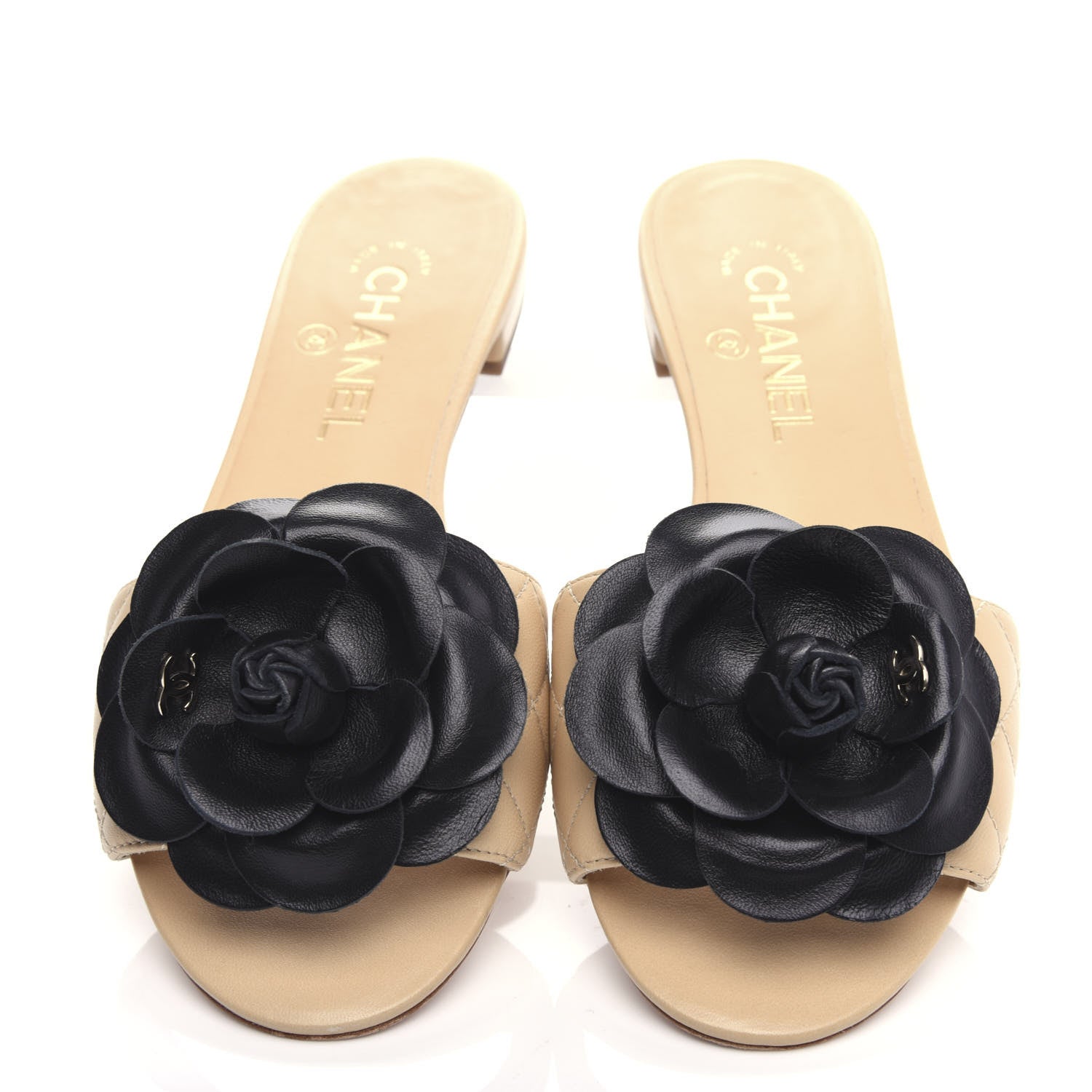 Chanel Lambskin Quilted Camellia CC Slides 37.5 Beige 5 of 11
