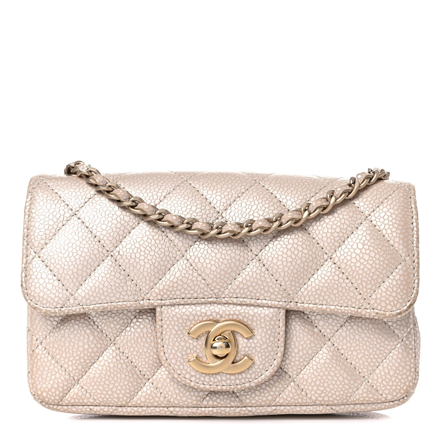Iridescent Caviar Quilted Extra Mini Flap Beige