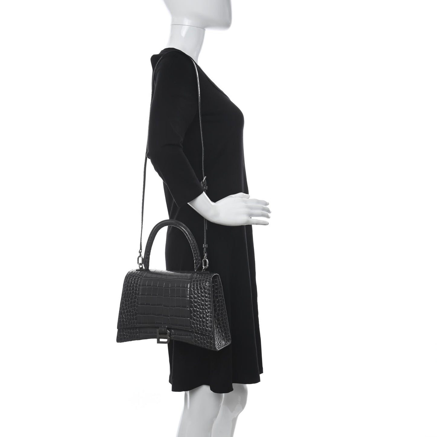 Shiny Calfskin Crocodile Embossed Medium Hourglass Top Handle Bag Dark Grey