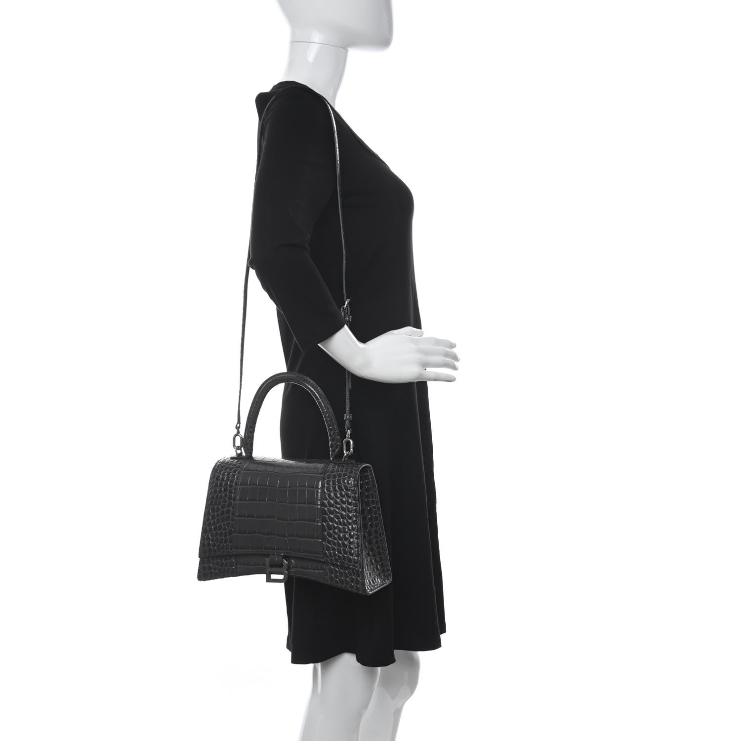 Balenciaga Shiny Calfskin Crocodile Embossed Medium Hourglass Top Handle Bag Dark Grey 2 of 11