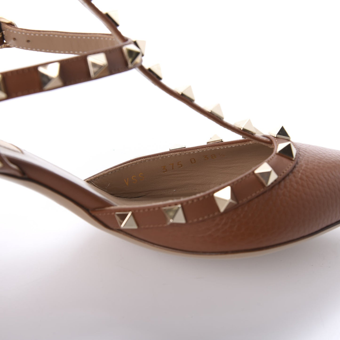 Pebbled Calfskin Rockstud Ankle Strap 65mm Pumps 38.5 Cuoio