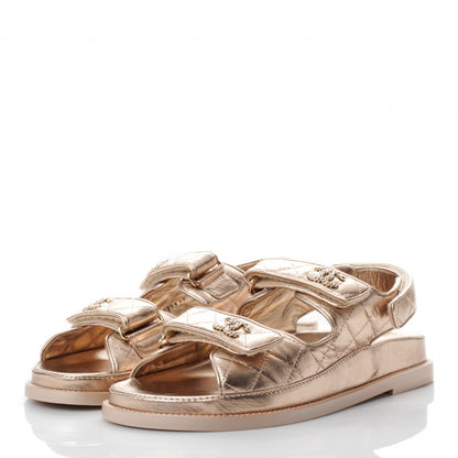 Chanel Iridescent Lambskin Quilted Velcro Dad Sandals 38 Light Bronze 3 of 9