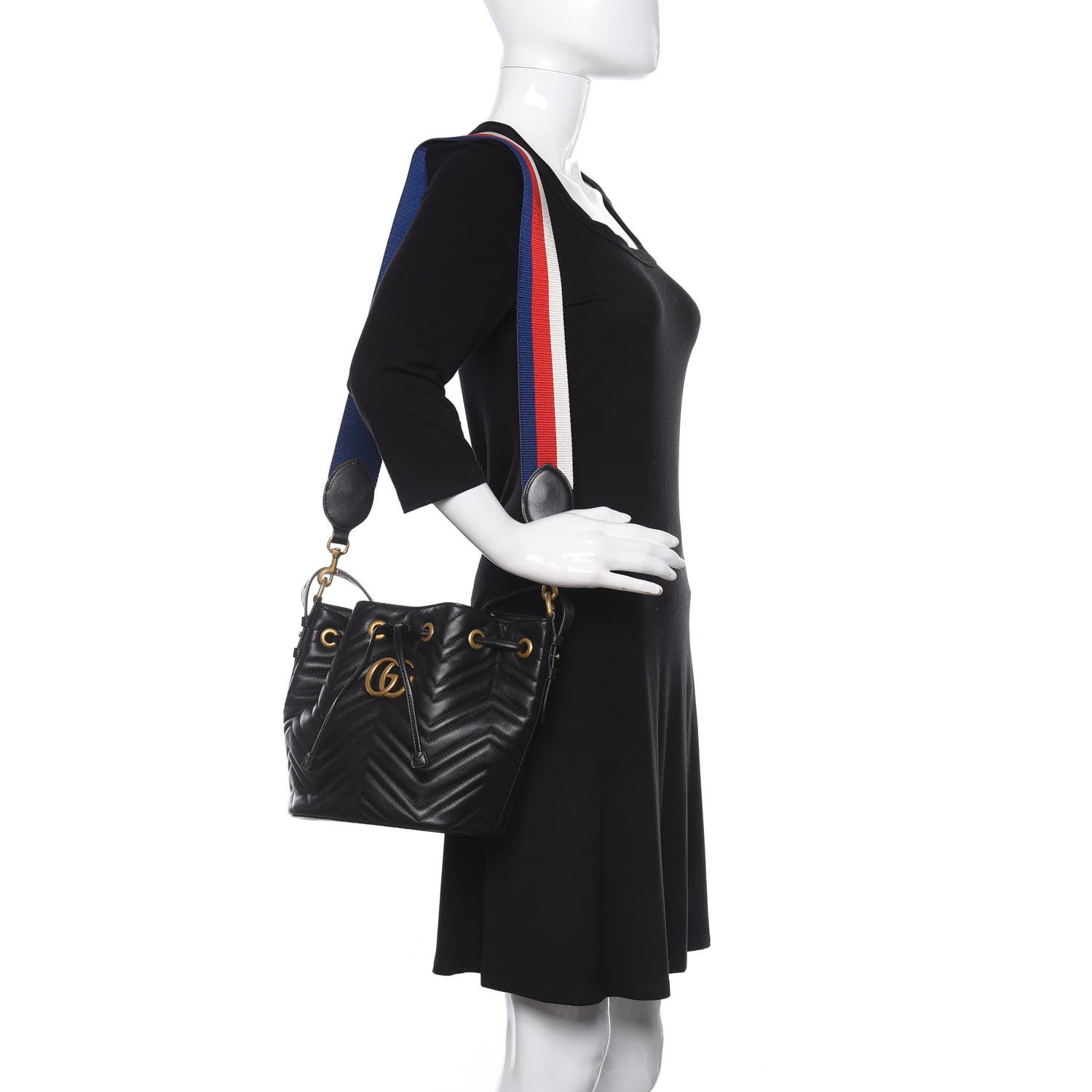 Gucci Calfskin Matelasse Sylvie Web GG Marmont Bucket Bag Black 2 of 11