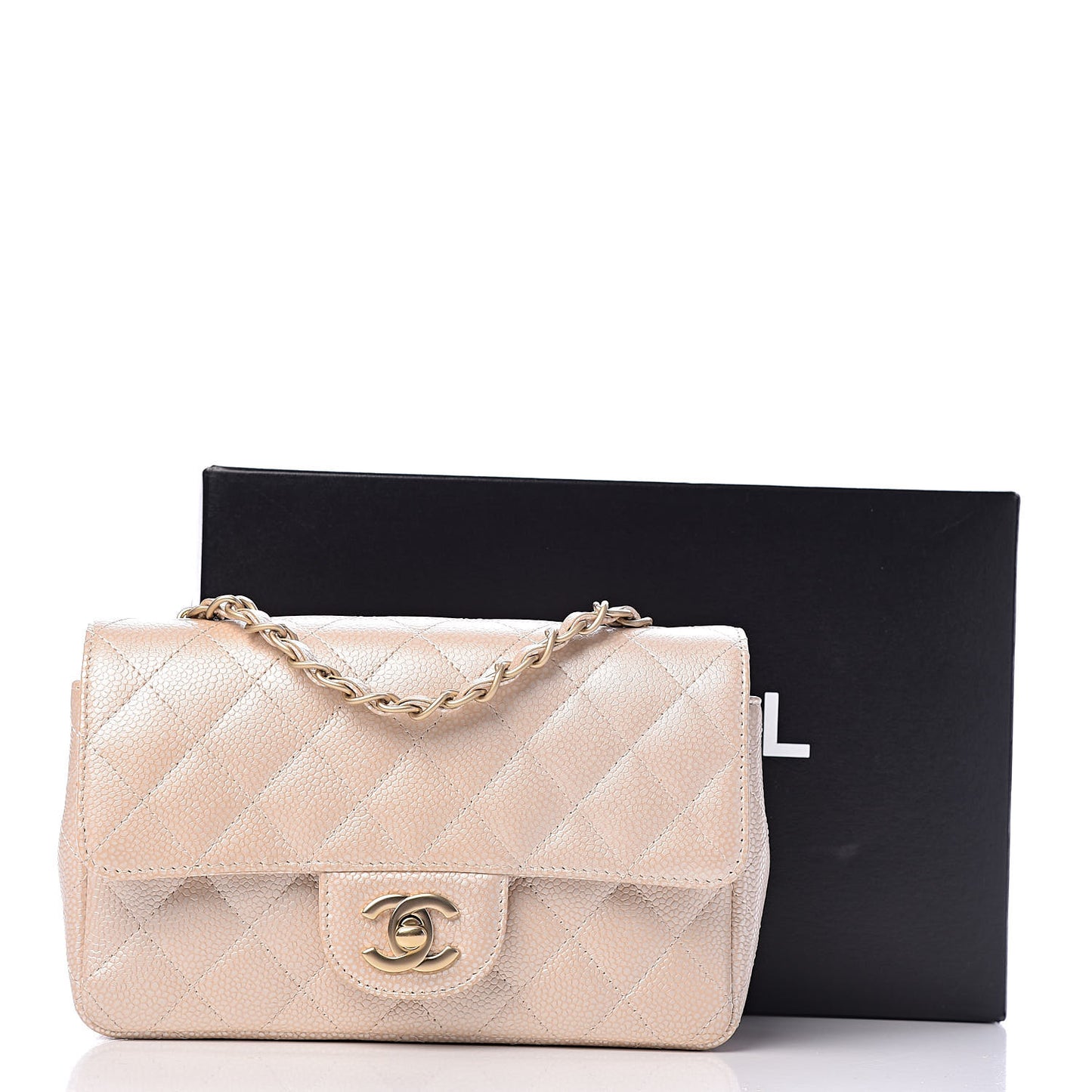 Pearly Caviar Quilted Mini Rectangular Flap Beige