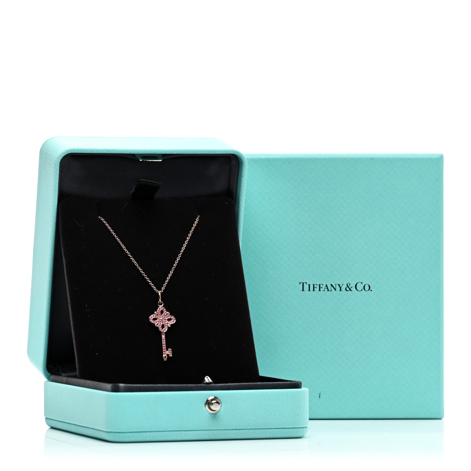Tiffany 18K Rose Gold Pink Sapphire Mini Victoria Key Pendant Necklace 5 of 5