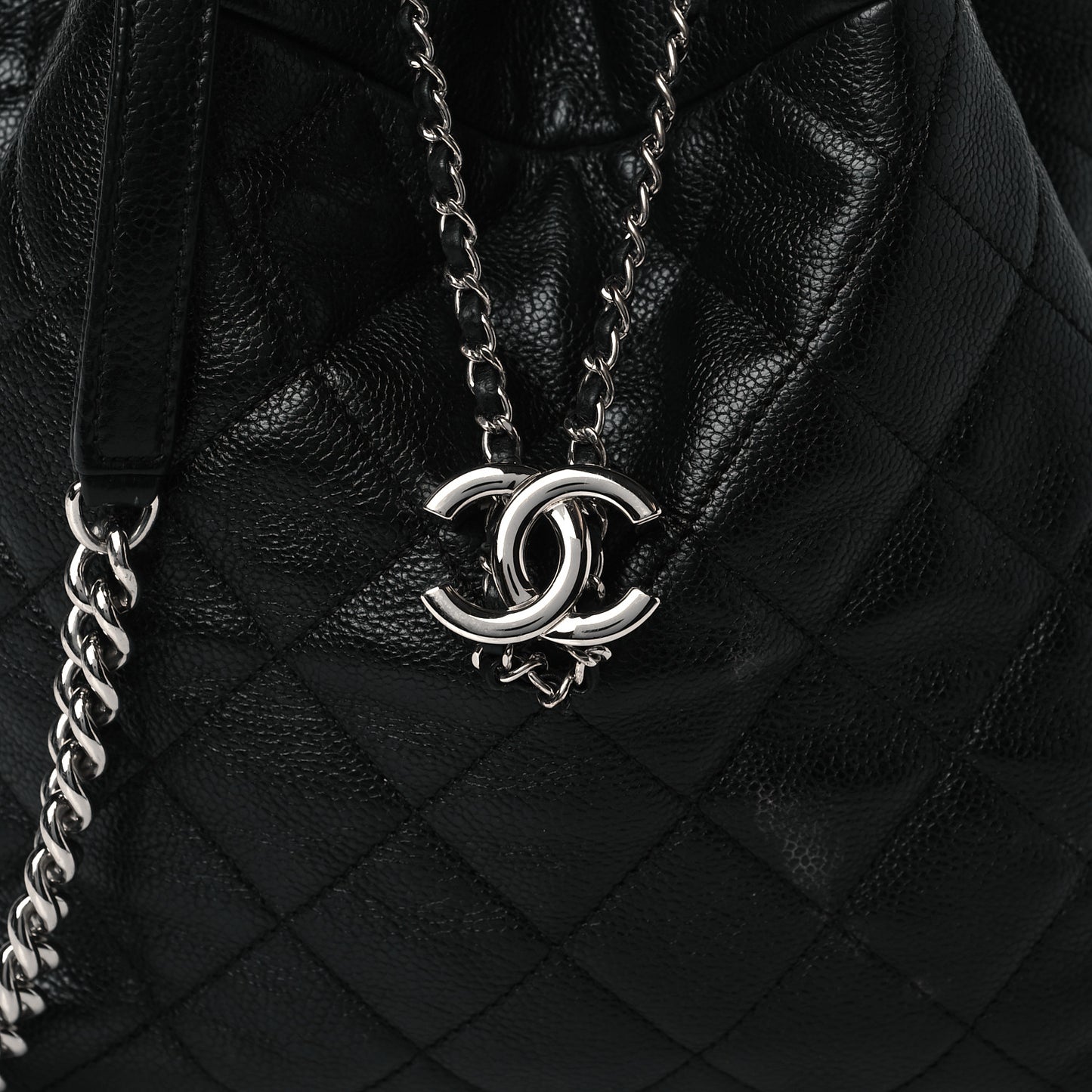 Caviar Flat Quilted CC Chain Bucket Drawstring Bag Black