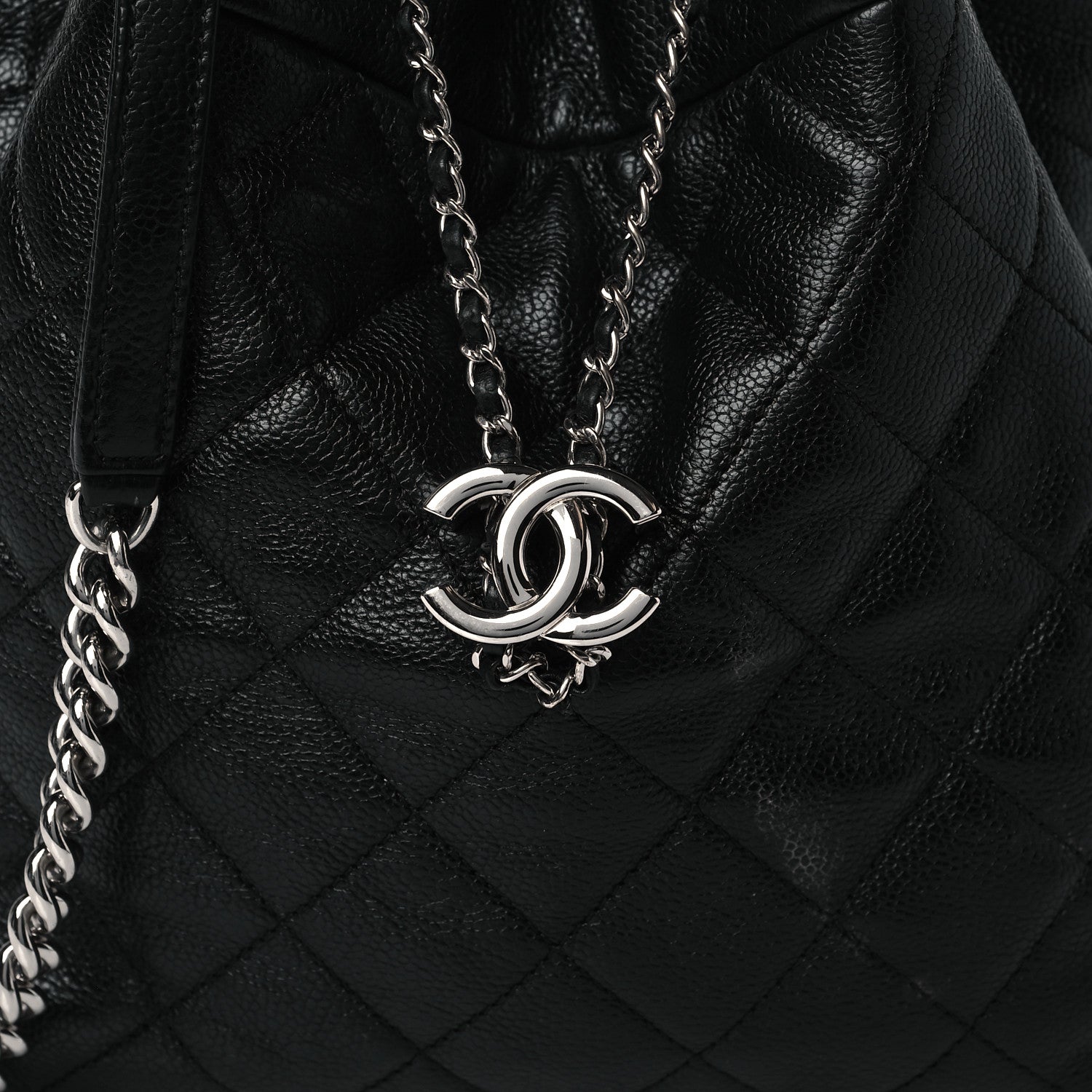 Chanel Caviar Flat Quilted CC Chain Bucket Drawstring Bag Black 8 of 11