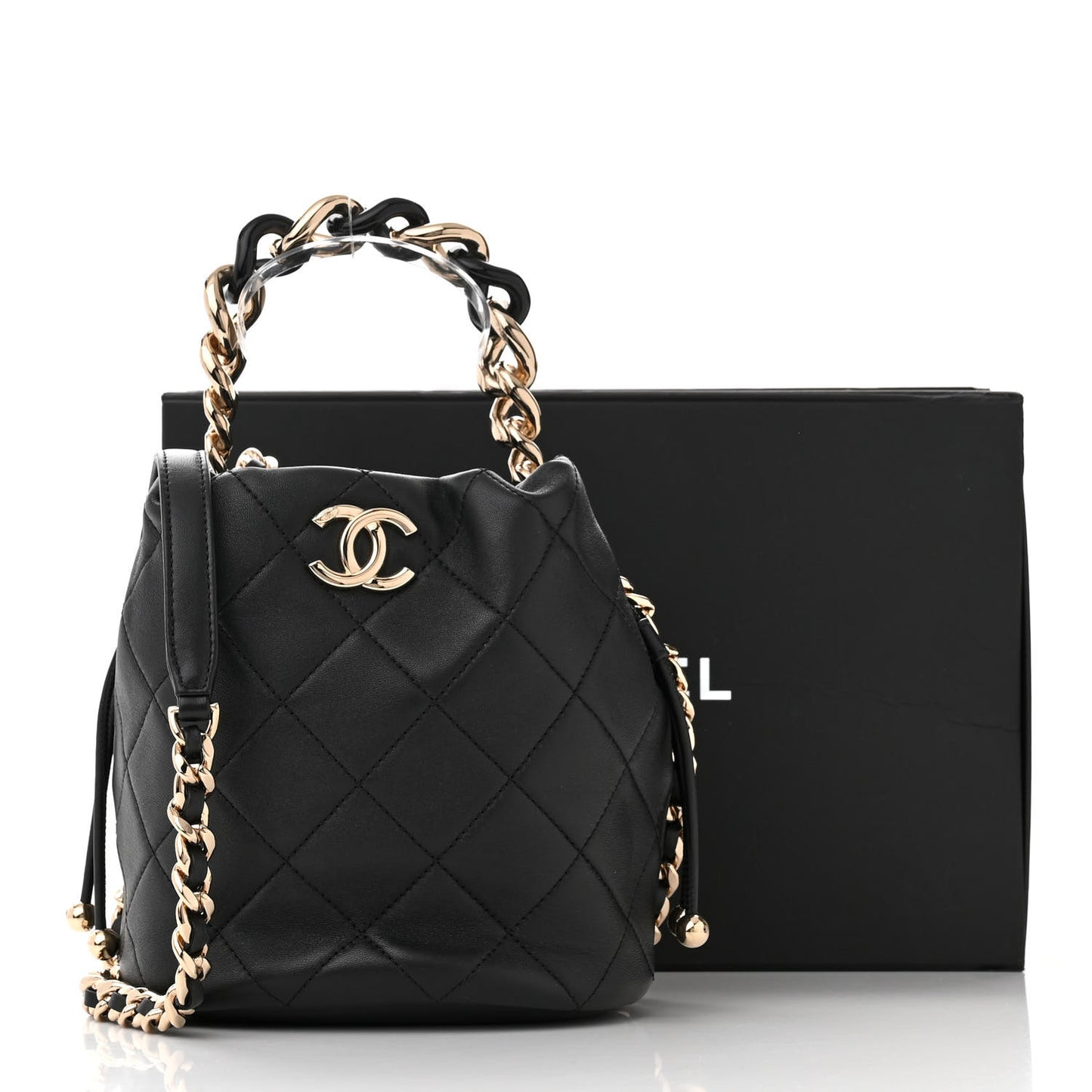 Shiny Lambskin Quilted Chain Is More Drawstring Bag Black