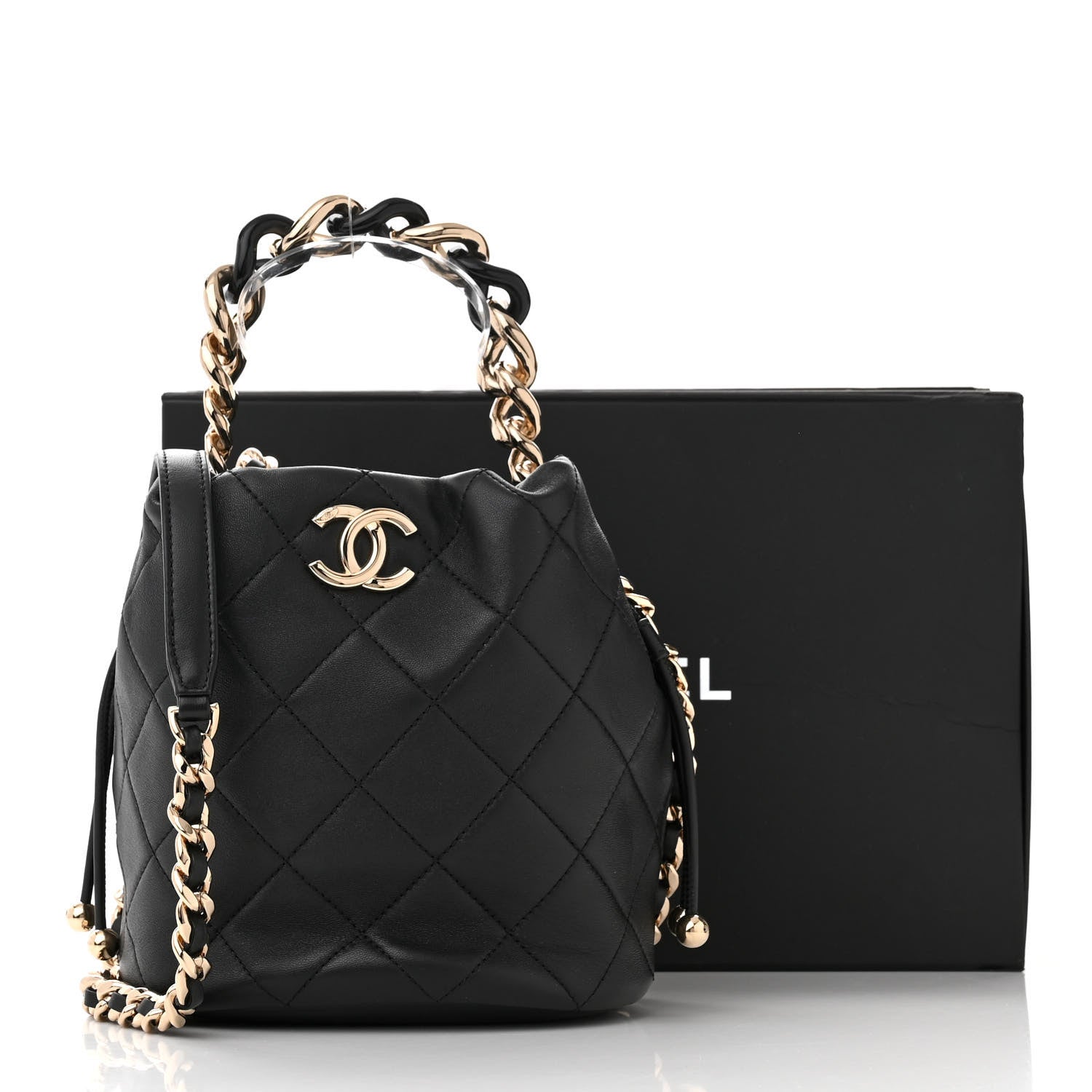 Chanel Shiny Lambskin Quilted Chain Is More Drawstring Bag Black 11 of 11
