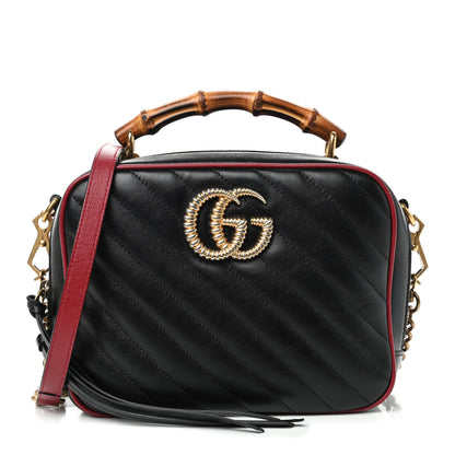 Gucci Vintage Effect Calfskin Matelasse Diagonal Small Torchon GG Marmont Bamboo Top Handle Shoulder Bag Black Romantic Cherry 1 of 9