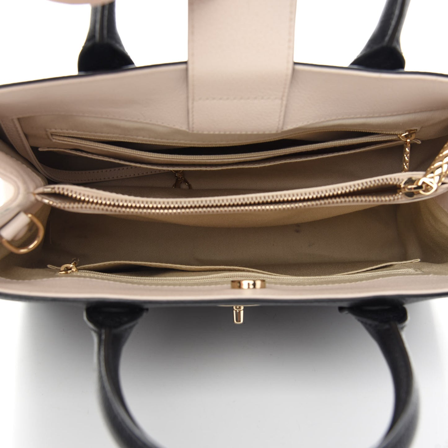 Grained Calfskin Small Bi-Color Neo Executive Shopper Tote Black Beige